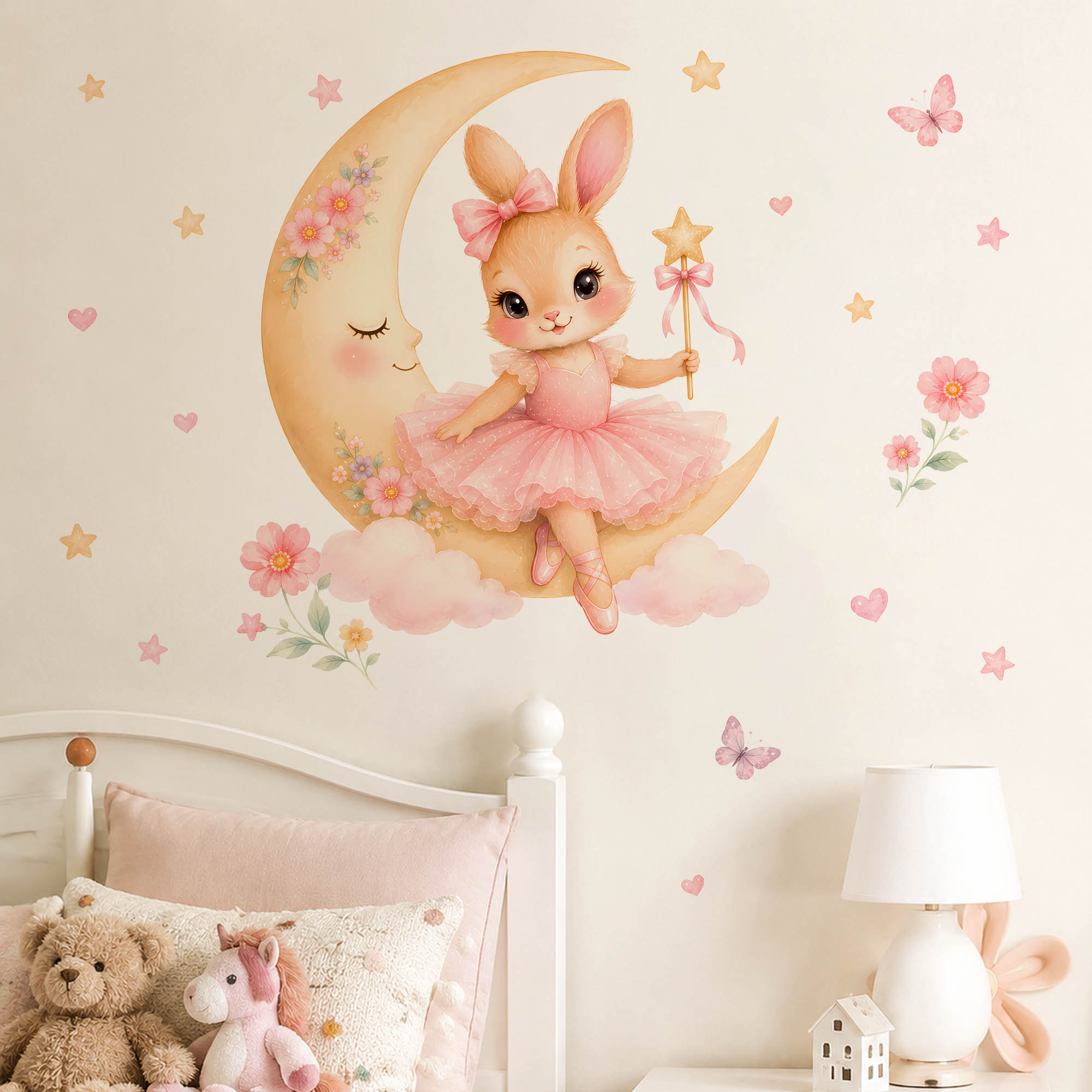 Baby Nursery Decor Girl - Aquarell Ballerina Häschen Mond Wandaufkleber Rosa
